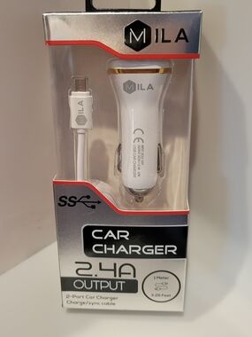 White 2.4A Dual USB Car Charger with Micro-USB Cable